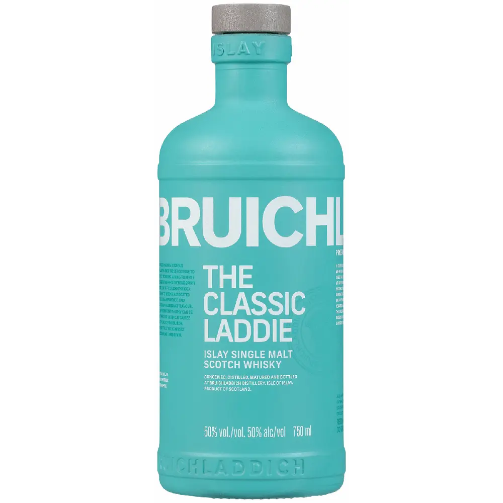 Teal bottle of Bruichladdich whisky on a white background