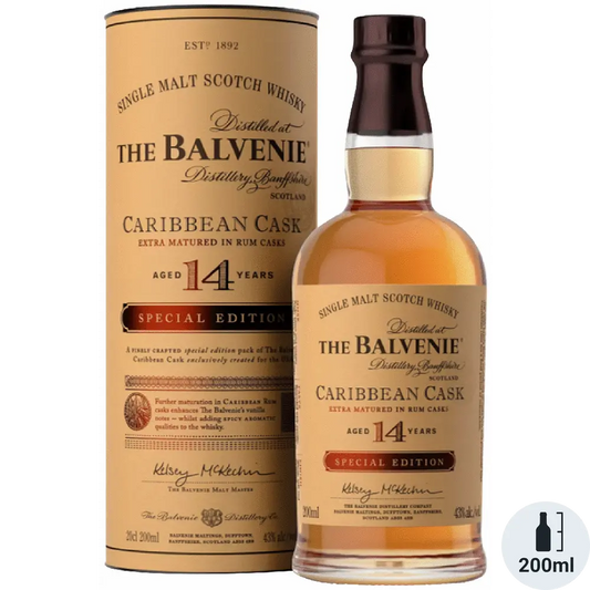 The Balvenie Caribbean Cask whisky bottle and packaging on a white background