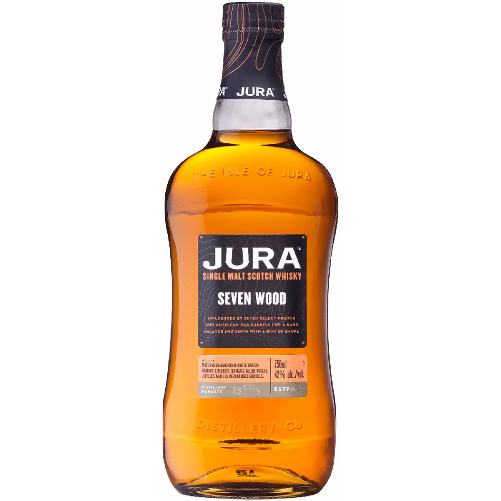 Bottle of Jura Seven Wood whisky on a white background