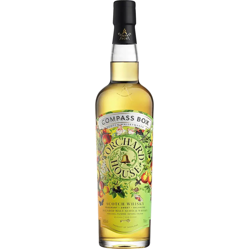 Bottle of Compass Box Orchard House Scotch Whisky on a white background