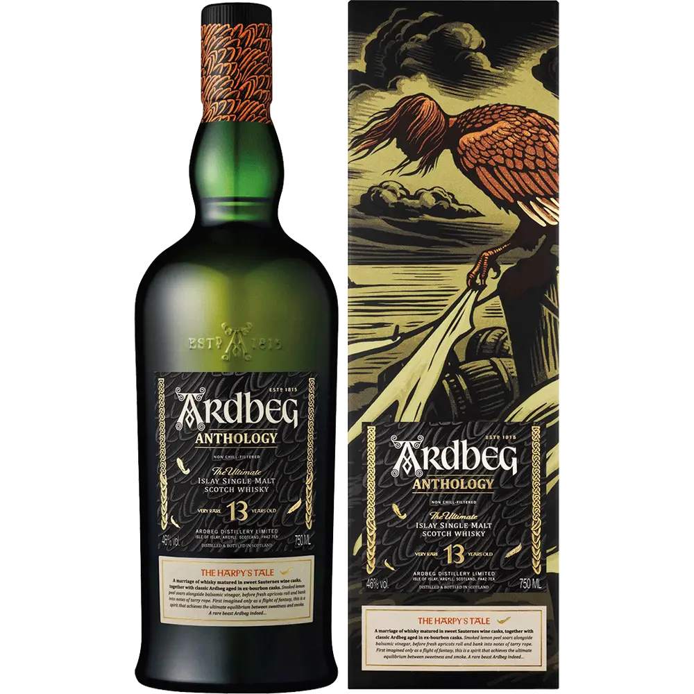Ardbeg Anthology whisky bottle and packaging with a stylized illustration on the box.