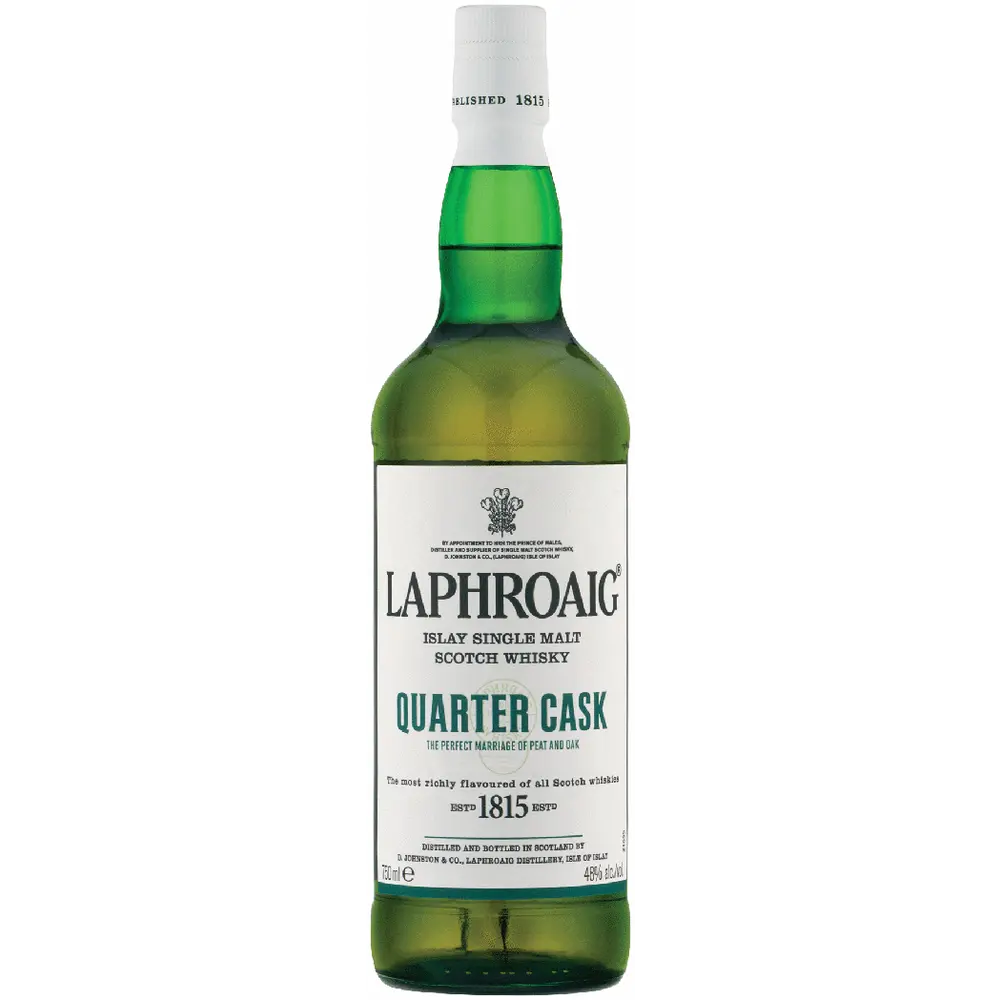 Laphroaig Quarter Cask whisky bottle on a white background