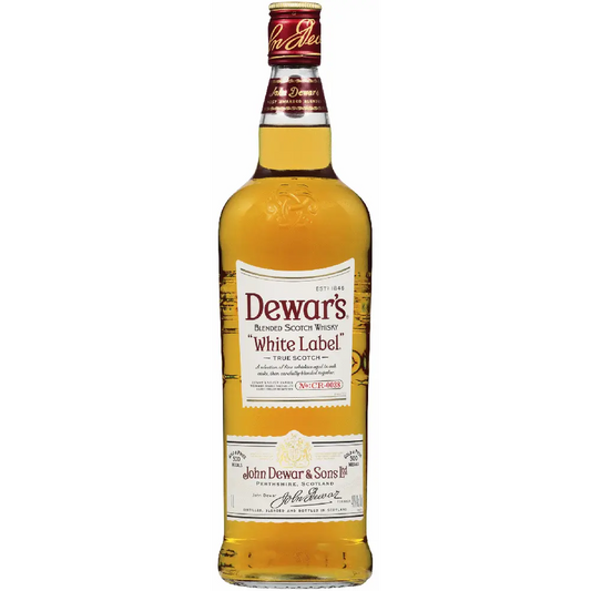 Bottle of Dewar's White Label whisky on a white background