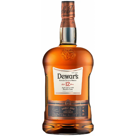 Dewar's 12-year-old whiskey bottle on a white background