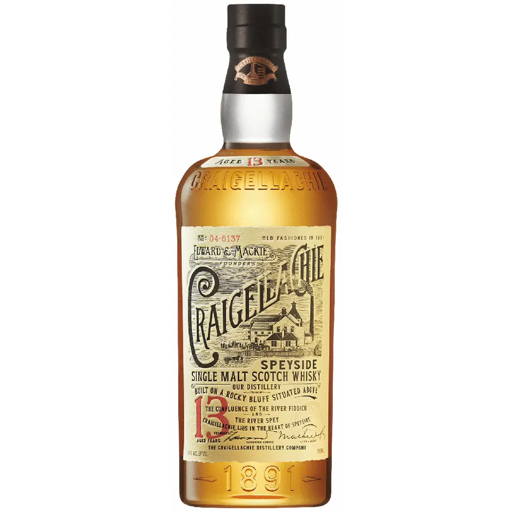 Bottle of Craigellachie Speyside Single Malt Scotch Whisky on a white background