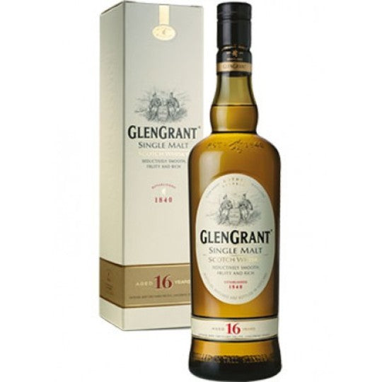 Glen Grant single malt whisky bottle and box on a white background