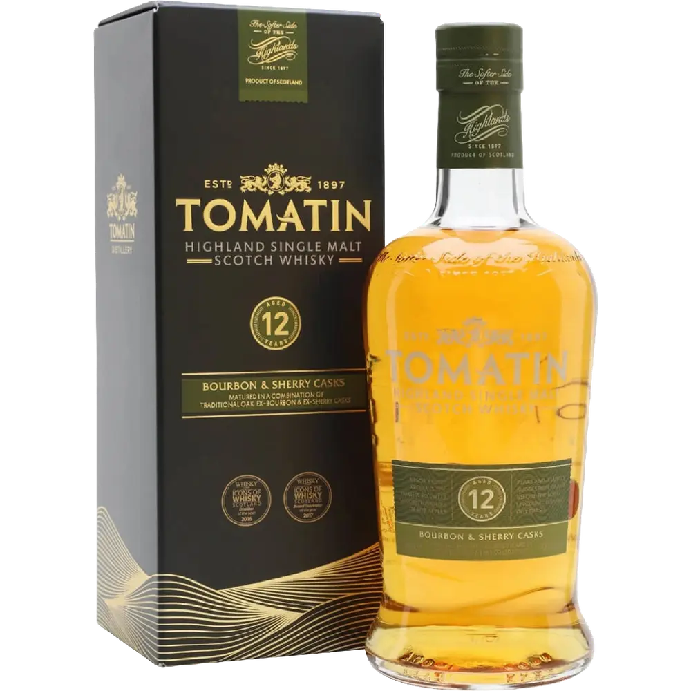 Tomatin whisky bottle and packaging on a white background