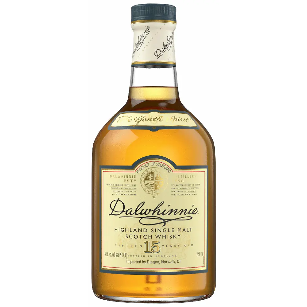 Bottle of Dalwhinnie Highland Single Malt Scotch Whisky on a white background