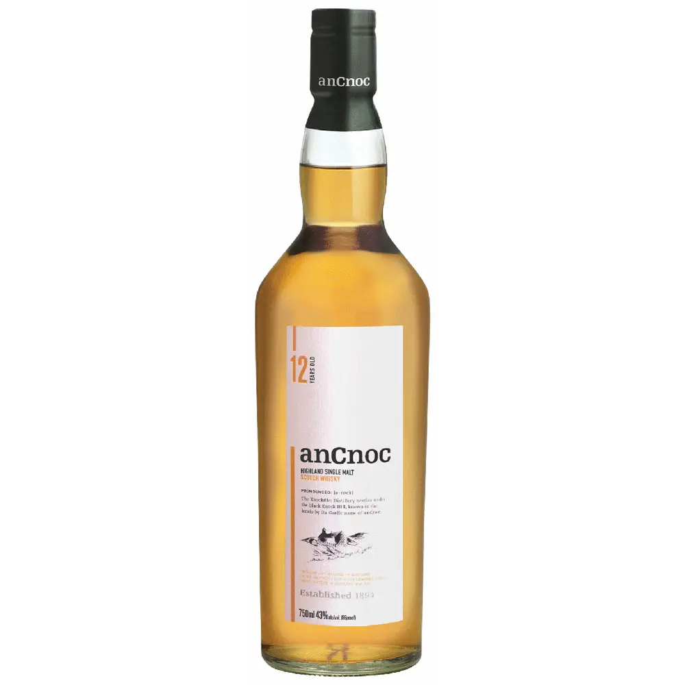 Bottle of anCnoc whisky on a white background