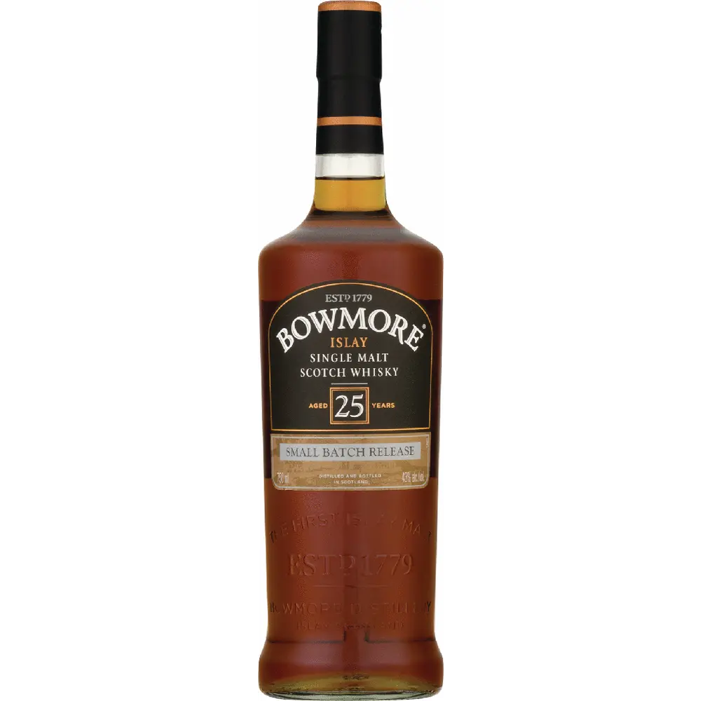 Bowmore 25-year-old single malt Scotch whisky bottle on a white background