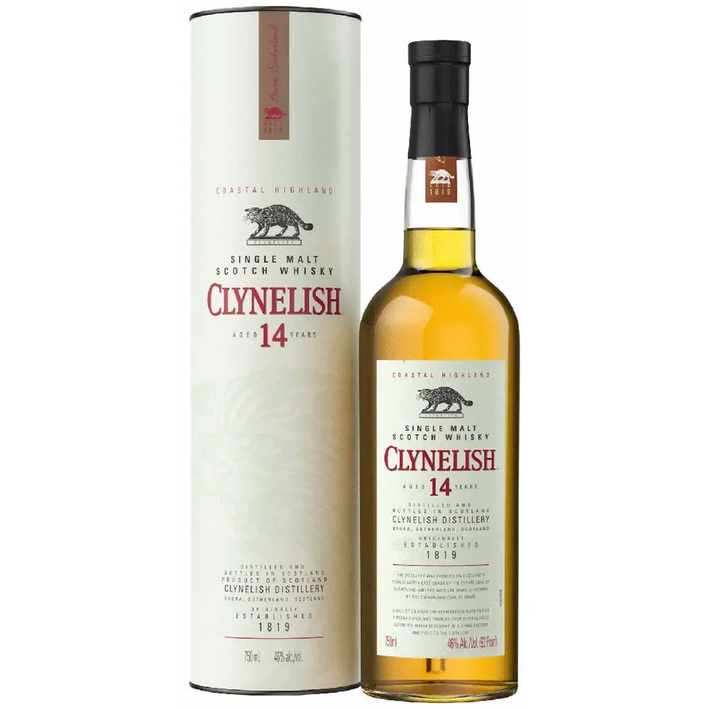 Clynelish 14-year-old single malt Scotch whisky bottle and packaging on a white background