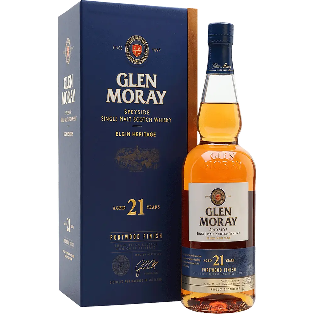 Glen Moray whisky bottle and box on a white background