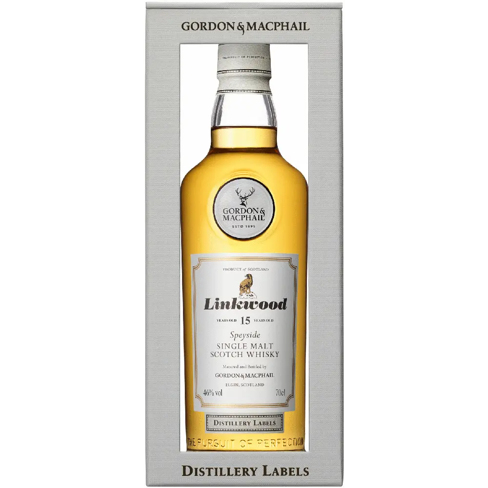 Gordon & MacPhail Linkwood whisky bottle in packaging on a white background