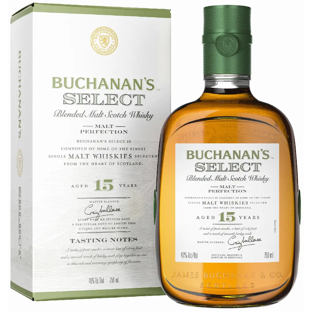 Buchanan's Select blended malt Scotch whisky bottle and box on a white background