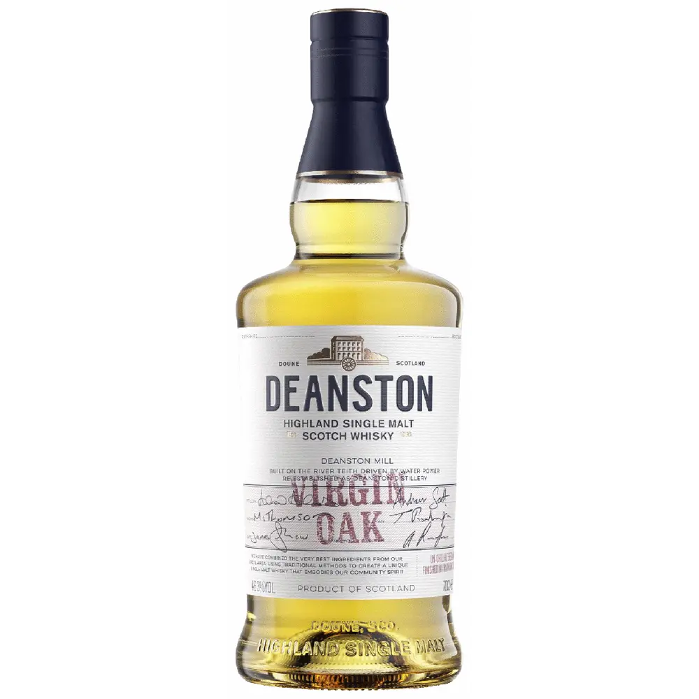 Deanston Virgin oak scotch in a white background