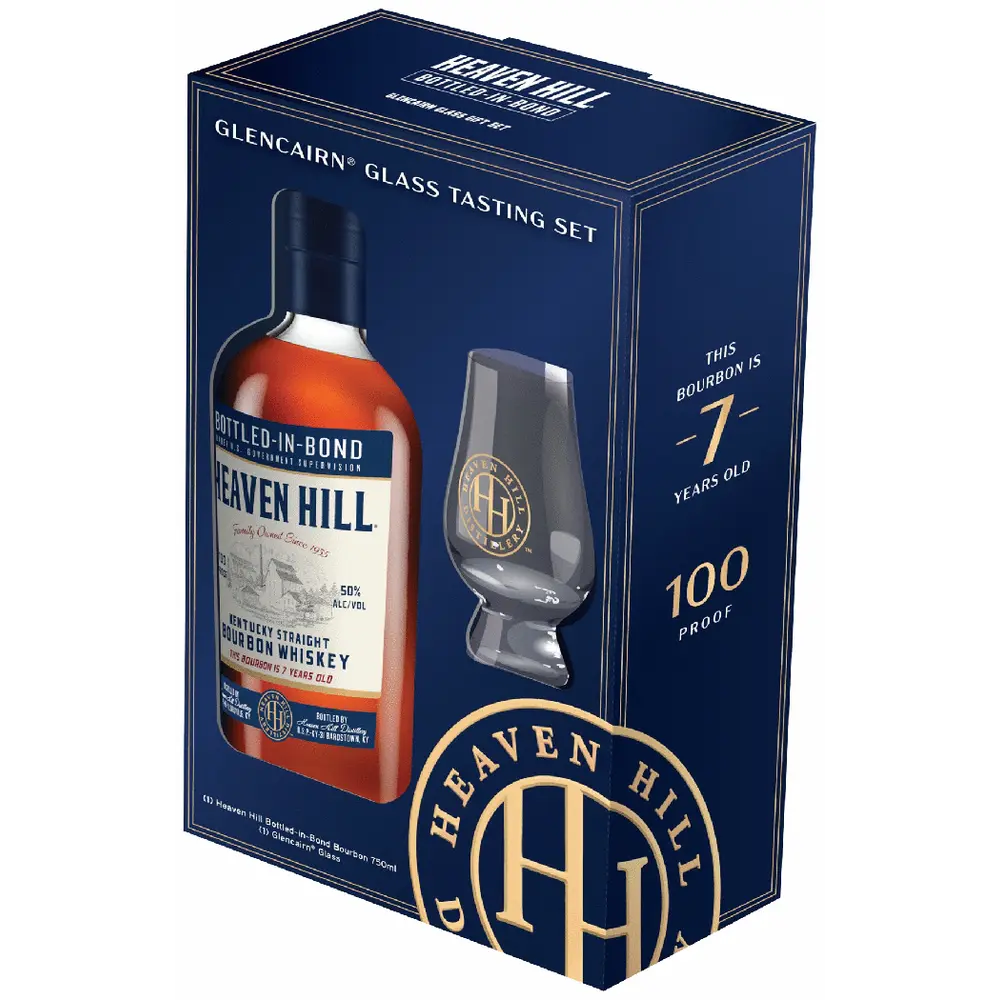 Heaven Hill 7 yr Bottled in Bond with a glencarin glass with a white background