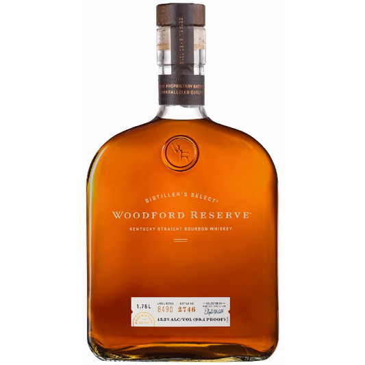 Woodford Reserve bourbon whiskey bottle on a white background