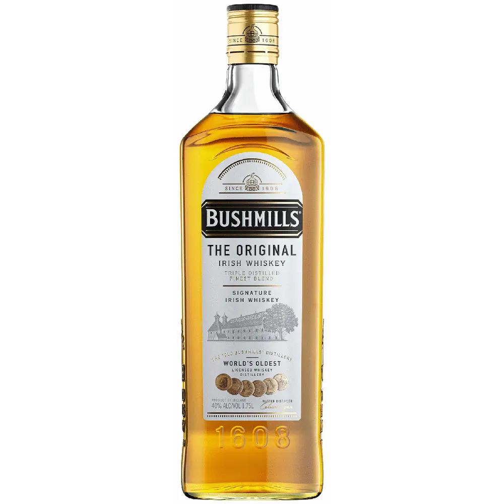 Bottle of Bushmills Irish whiskey on a white background
