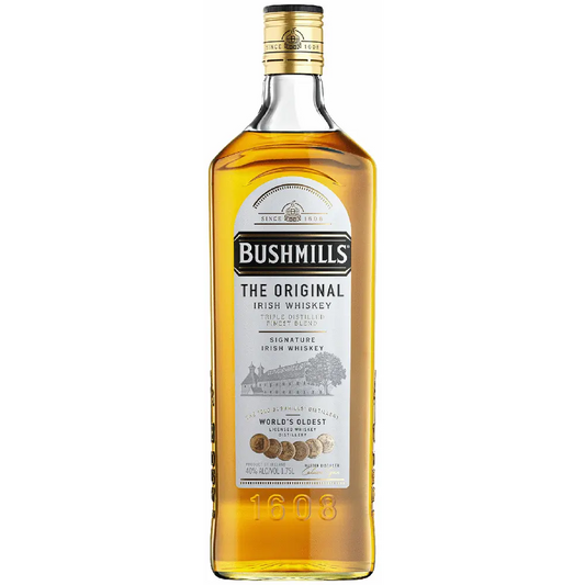 Bottle of Bushmills Irish whiskey on a white background