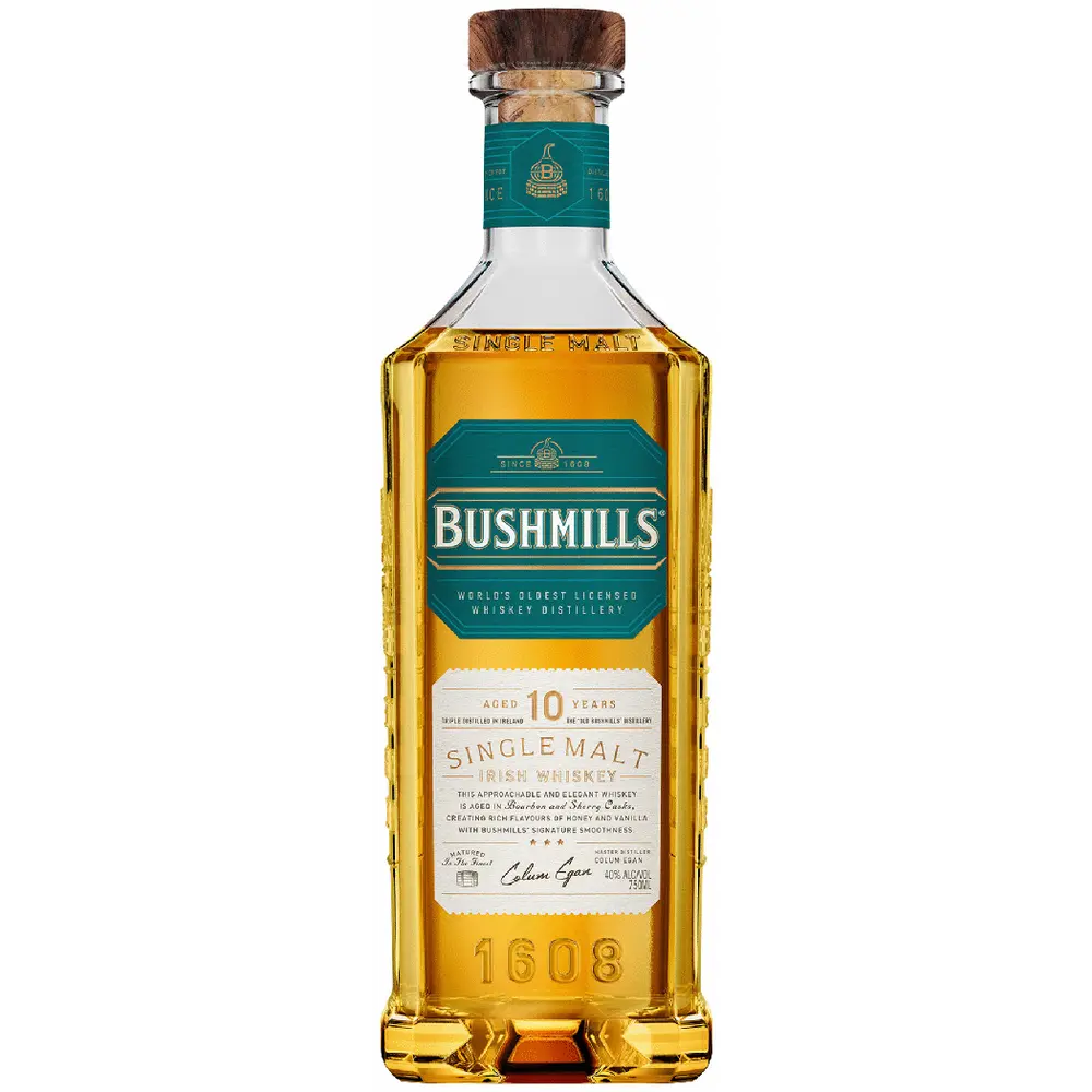 Bottle of Bushmills whiskey on a white background