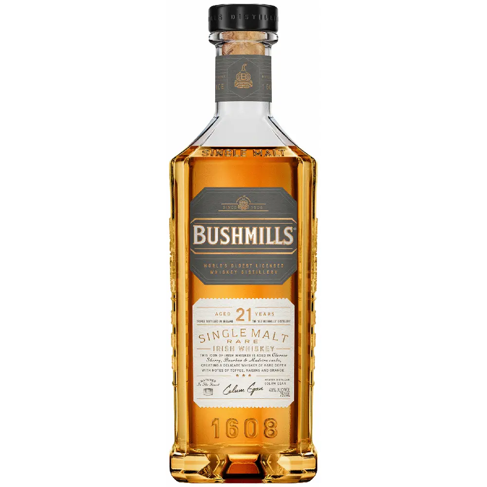 Bottle of Bushmills whiskey on a white background