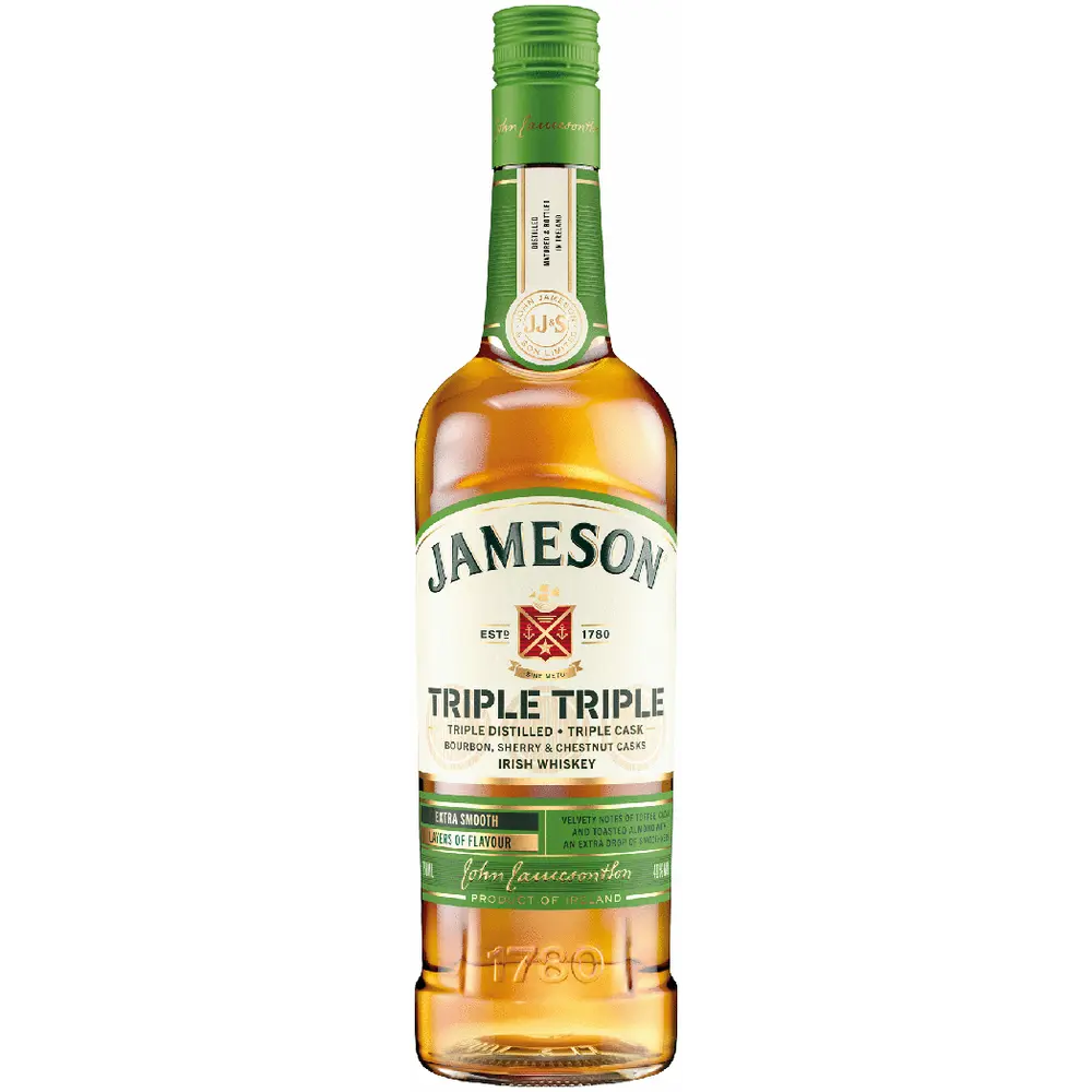 Jameson Triple Triple Irish Whiskey bottle on a white background