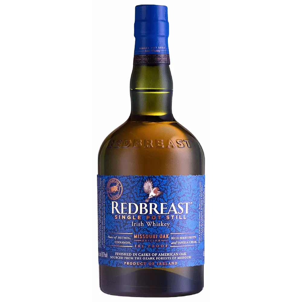 Redbreast Irish whiskey bottle with blue label on a white background
