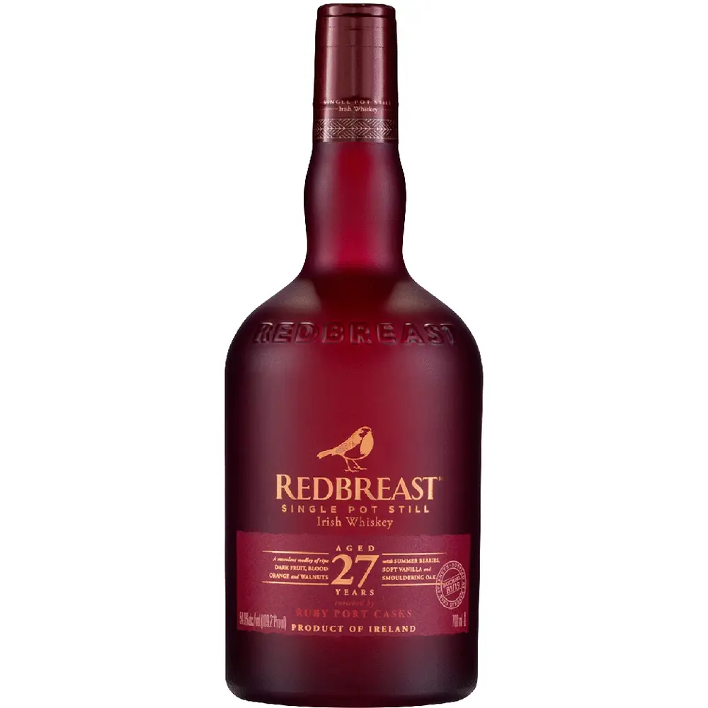 Redbreast 27-year-old Irish whiskey bottle on a white background