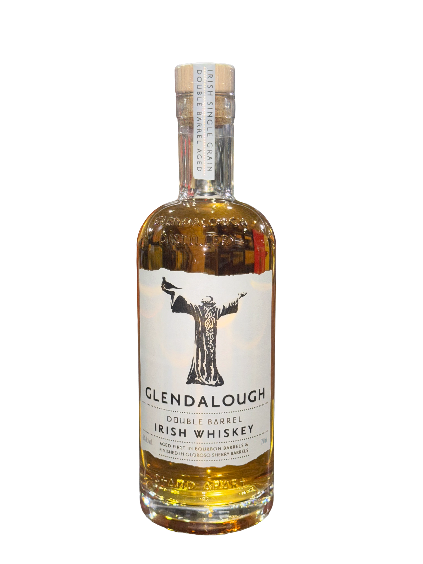 Bottle of Glendalough Irish Whiskey on a white background