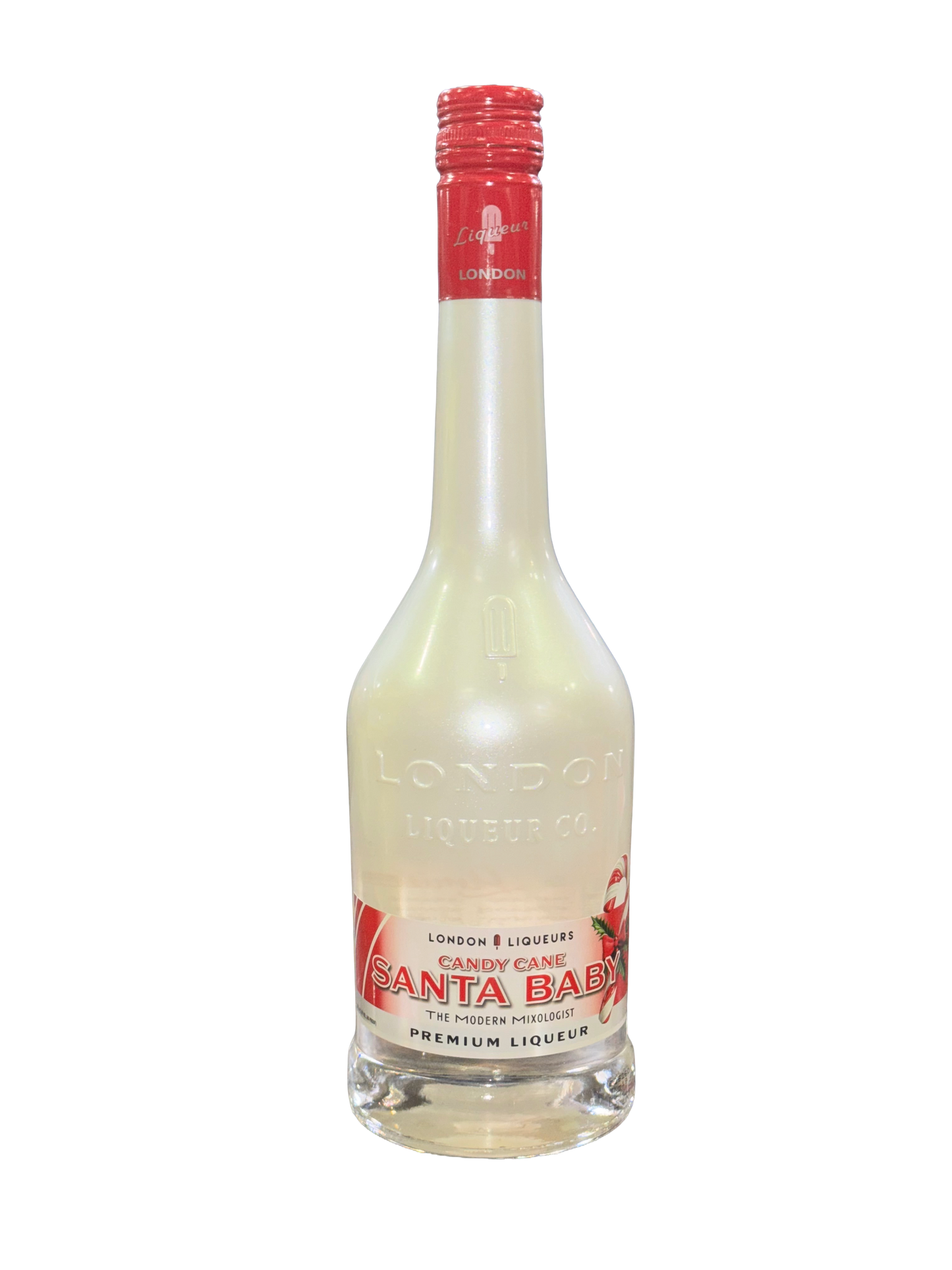 Bottle of Santa Baby liqueur with a red cap on a white background