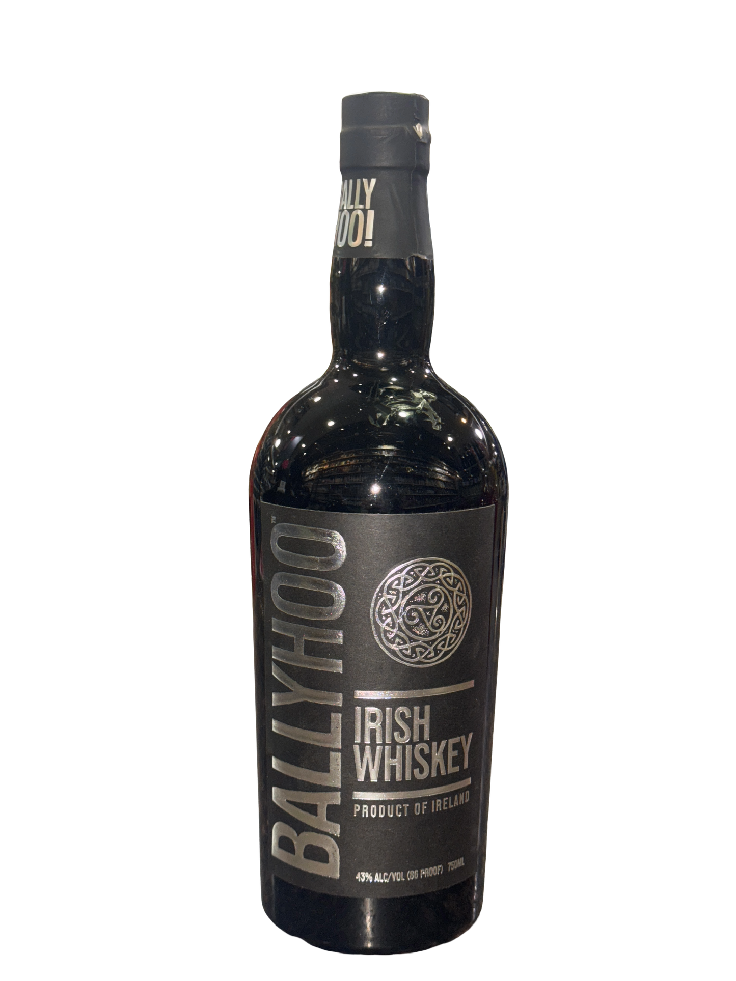 Bottle of Ballyhoo Irish Whiskey on a white background