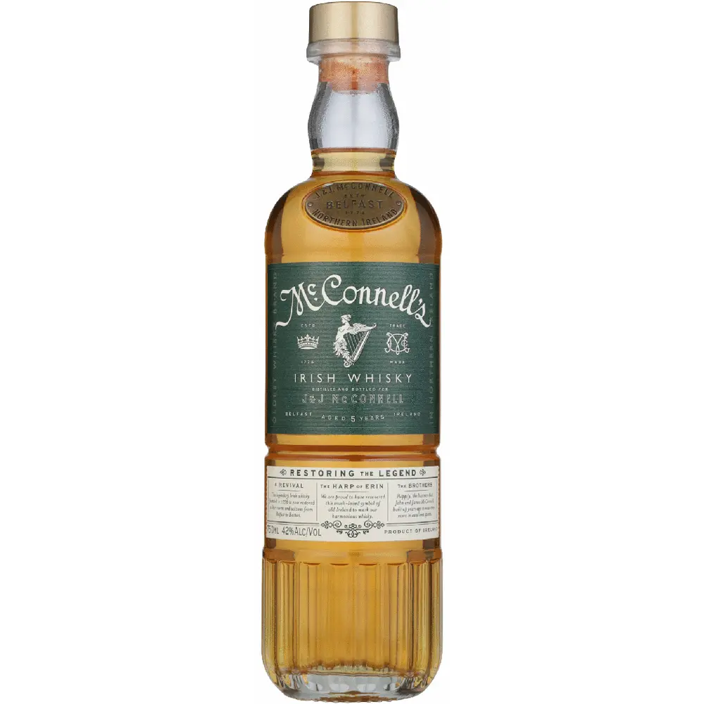 Bottle of McConnell's Irish Whisky on a white background