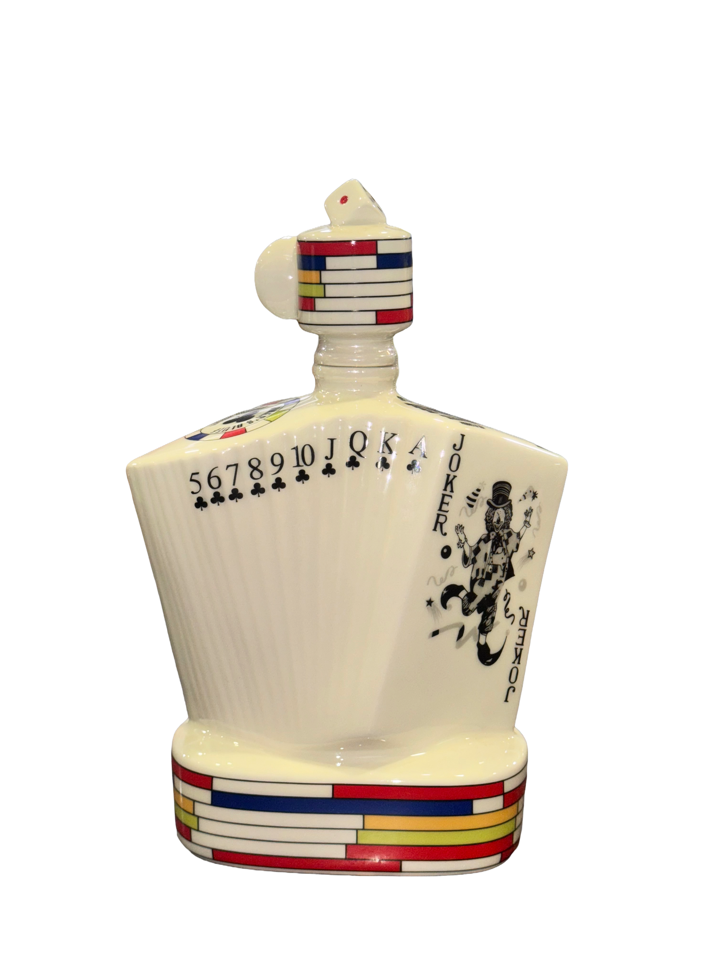 Decorative bottle with card suit design on a white background