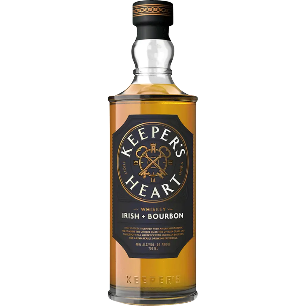 Bottle of Keeper's Heart whiskey and bourbon on a white background