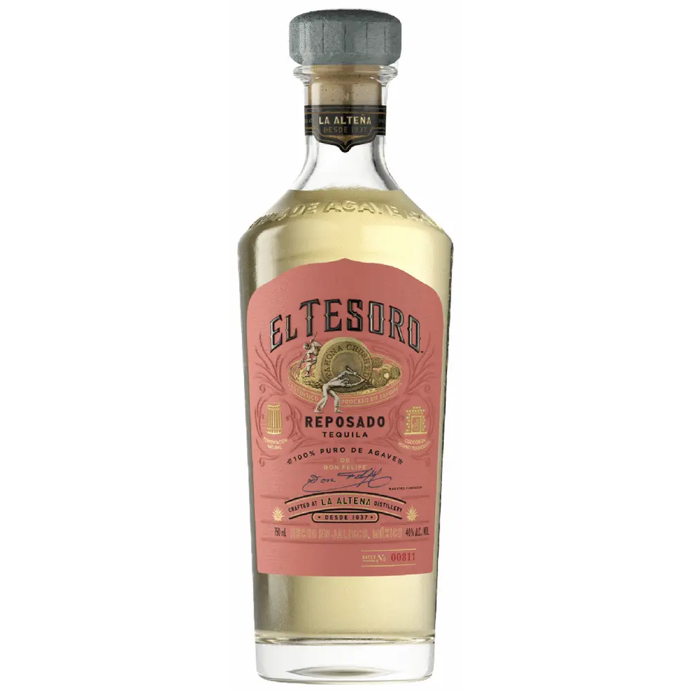 El Tesoro Reposado Tequila bottle with pink label on a white background