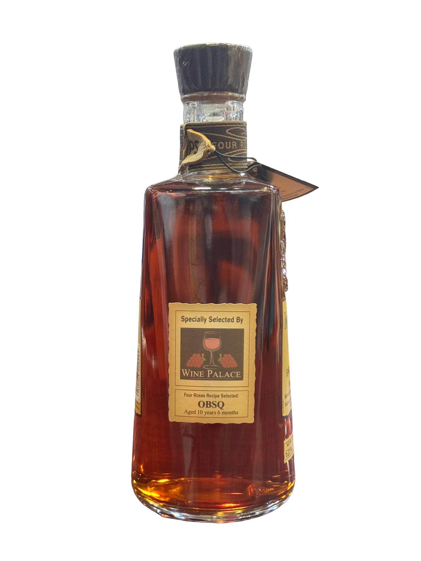 Bottle of OBSQ whiskey on a white background