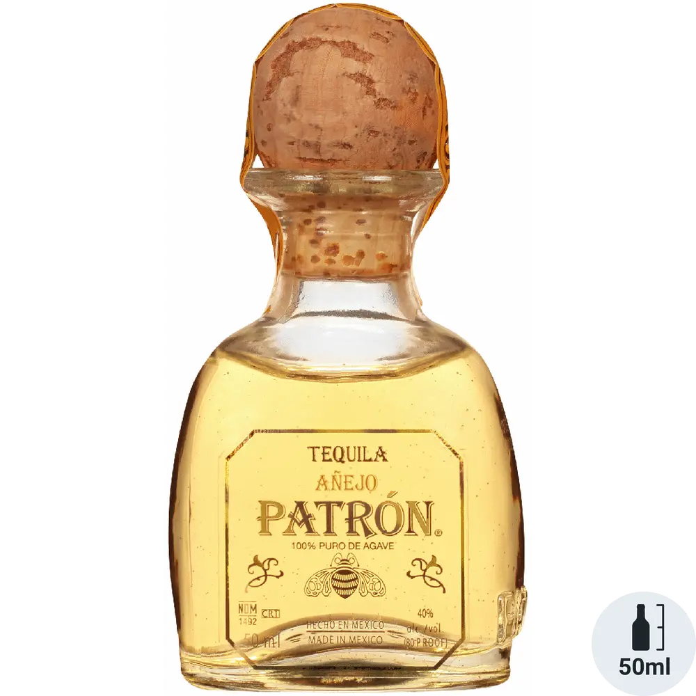 Patrón tequila bottle with cork stopper on a white background