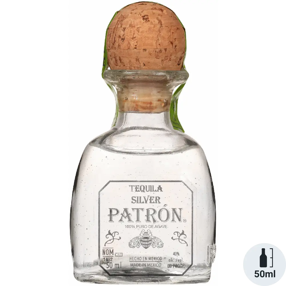 Patron Silver tequila bottle with cork stopper on a white background