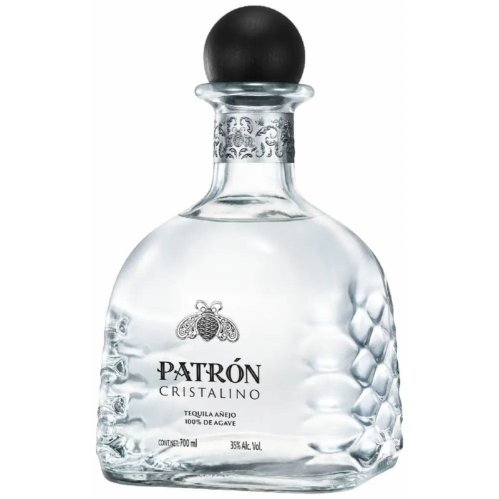 Patrón Cristalino tequila bottle on a white background