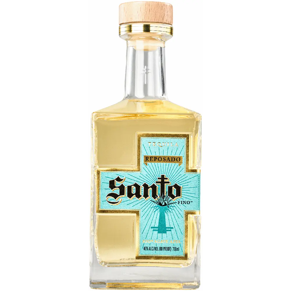 Tequila bottle labeled 'Santo' with a gold cap on a white background