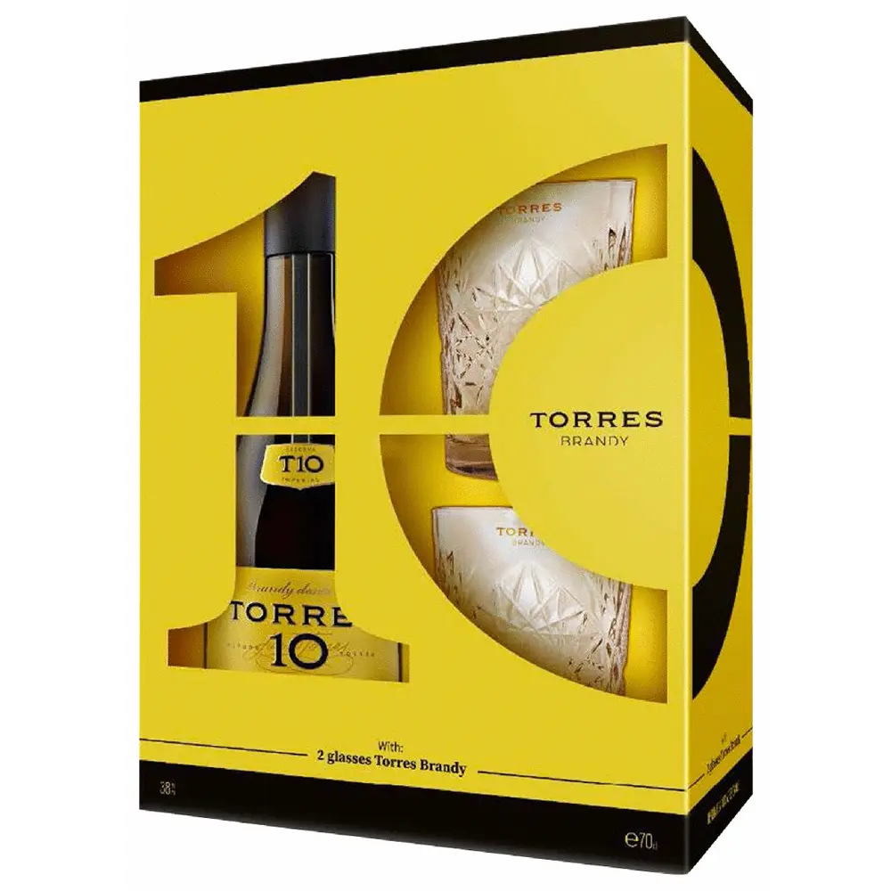 Torres 10 Brandy with Two Glasses