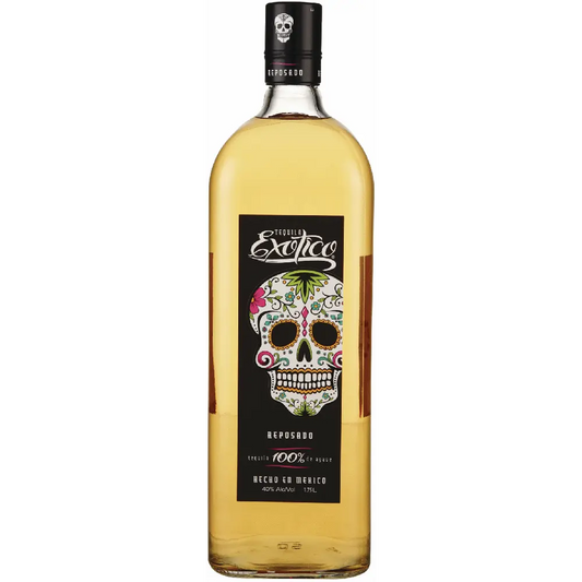 Bottle of Exotico tequila with a colorful skull design on the label against a white background
