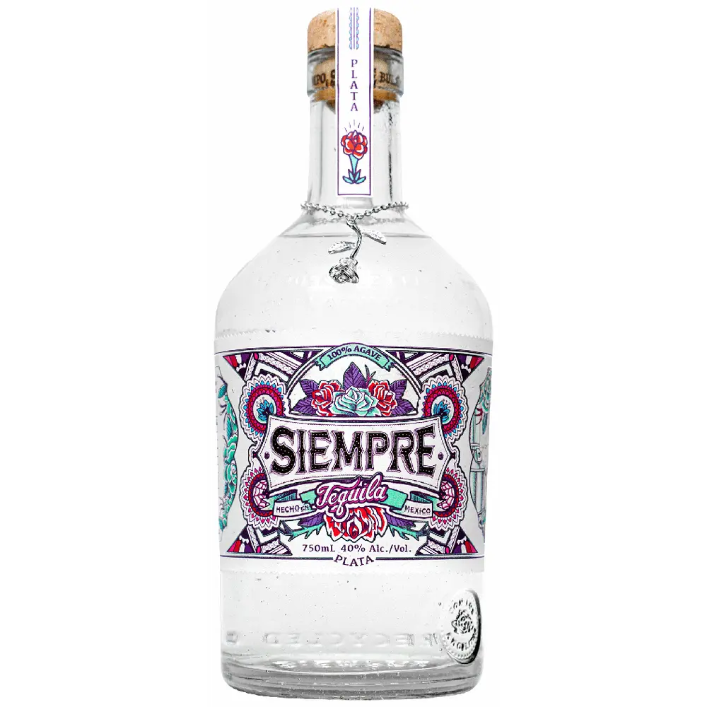 Siempre Tequila bottle with colorful label on a white background
