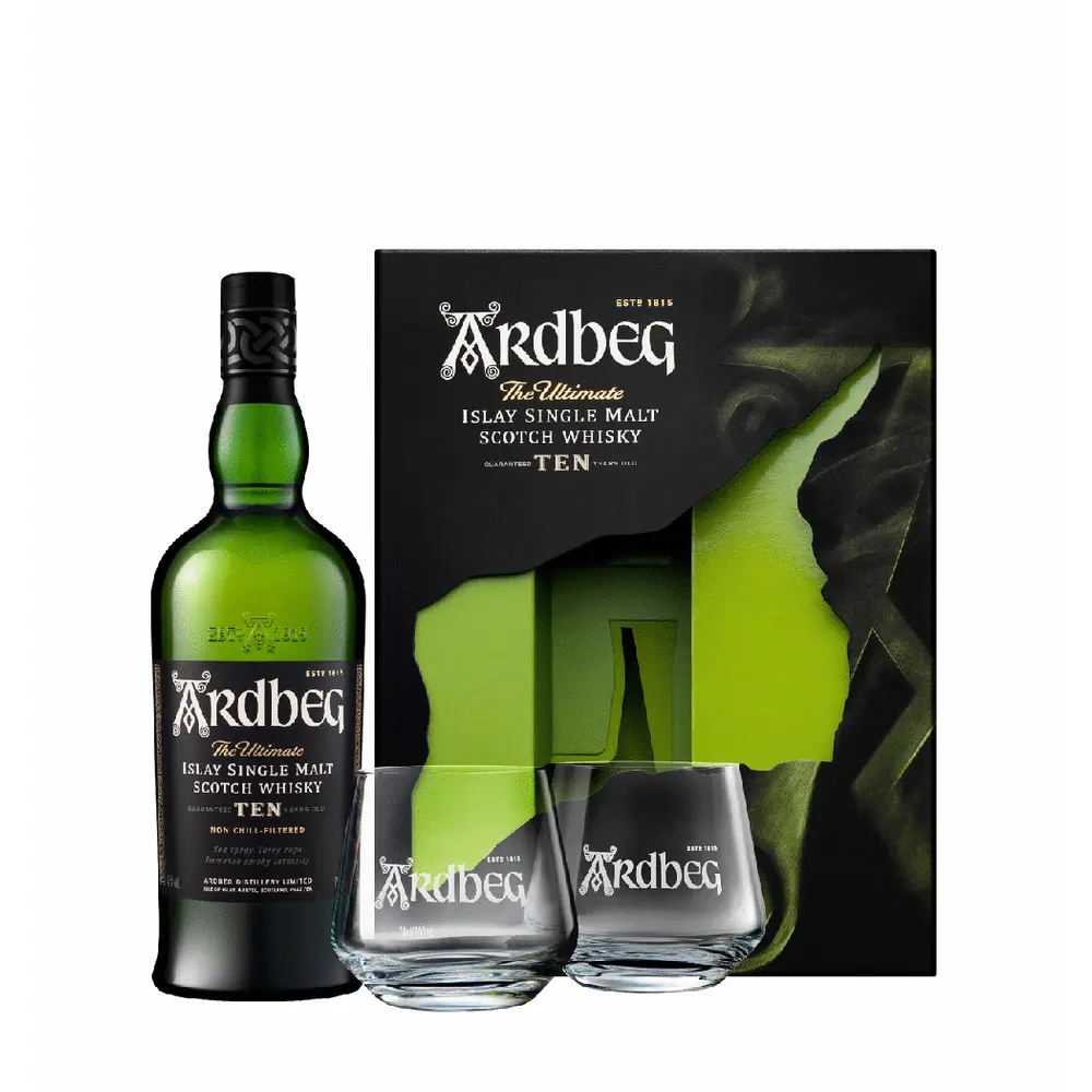 Ardbeg whisky bottle and glasses with packaging on a white background