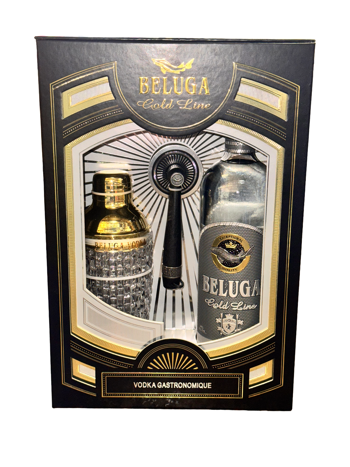 Beluga Gold Line vodka set in a decorative box with two bottles and a spoon.