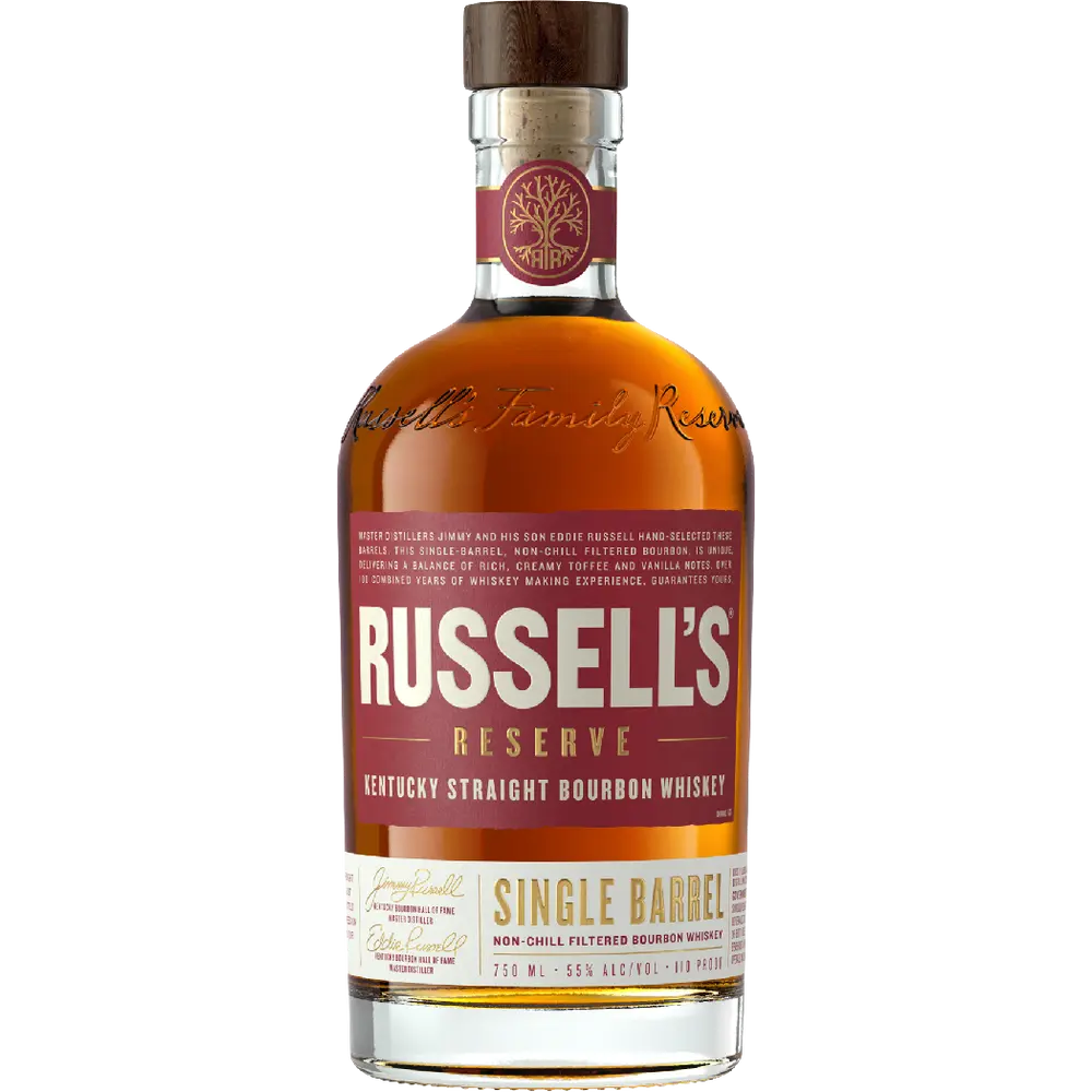 Bottle of Russell's Reserve Kentucky Straight Bourbon Whiskey on a white background