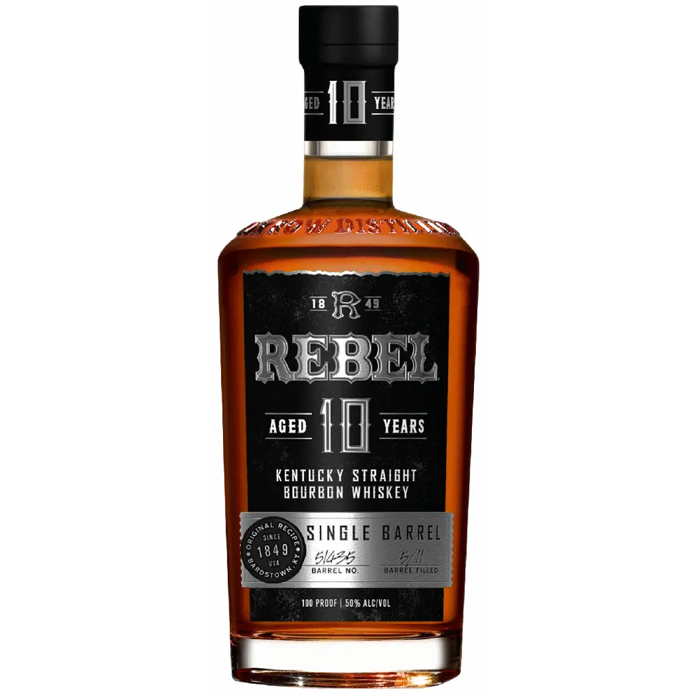 Bottle of Rebel 10 Year Old Kentucky Straight Bourbon Whiskey on a white background