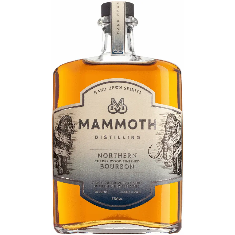 Bottle of Mammoth Distilling Northern Cherry Wood Finished Bourbon on a white background