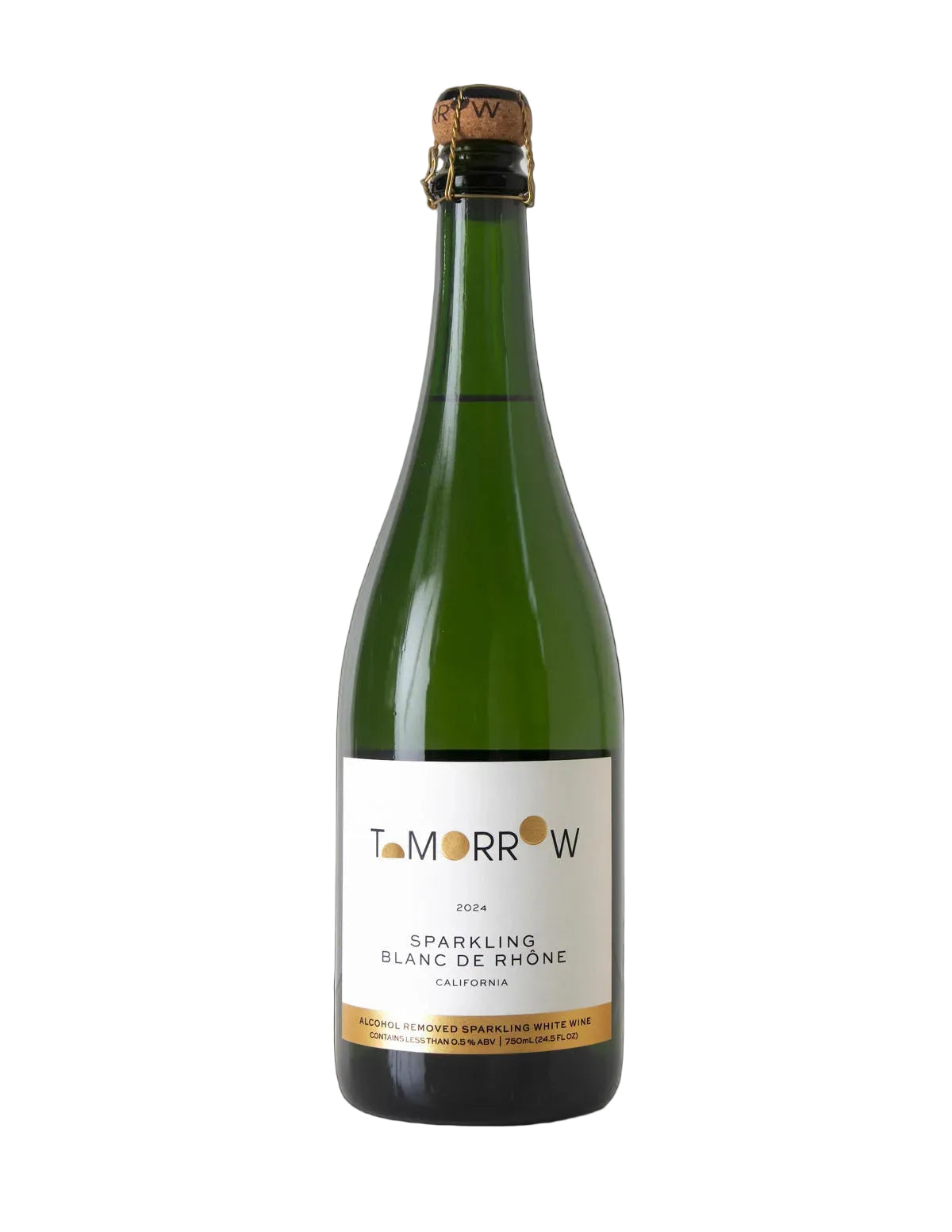 Bottle of Tomorrows sparkling wine on a white background