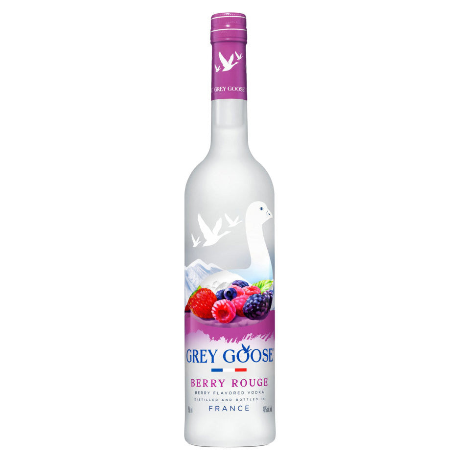 Bottle of Grey Goose Berry Rouge vodka on a white background